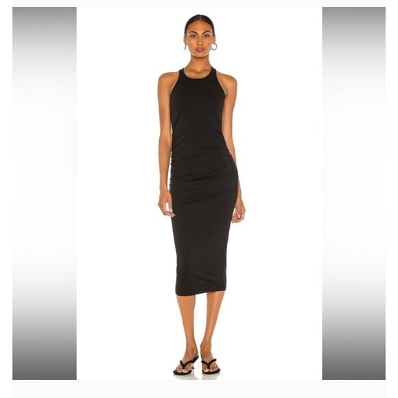 Michael Stars Womens Designer Black Ruched Racer Back Midi Dress Small - Picture 1 of 9